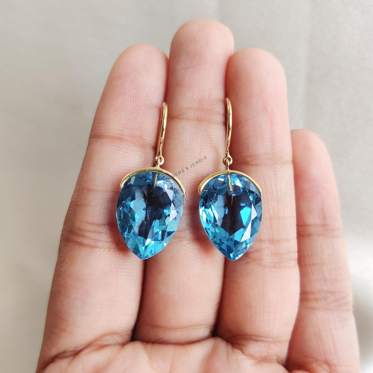 14K Solid Gold Natural Swiss Blue Topaz Earrings, Pear Cut Gemstone