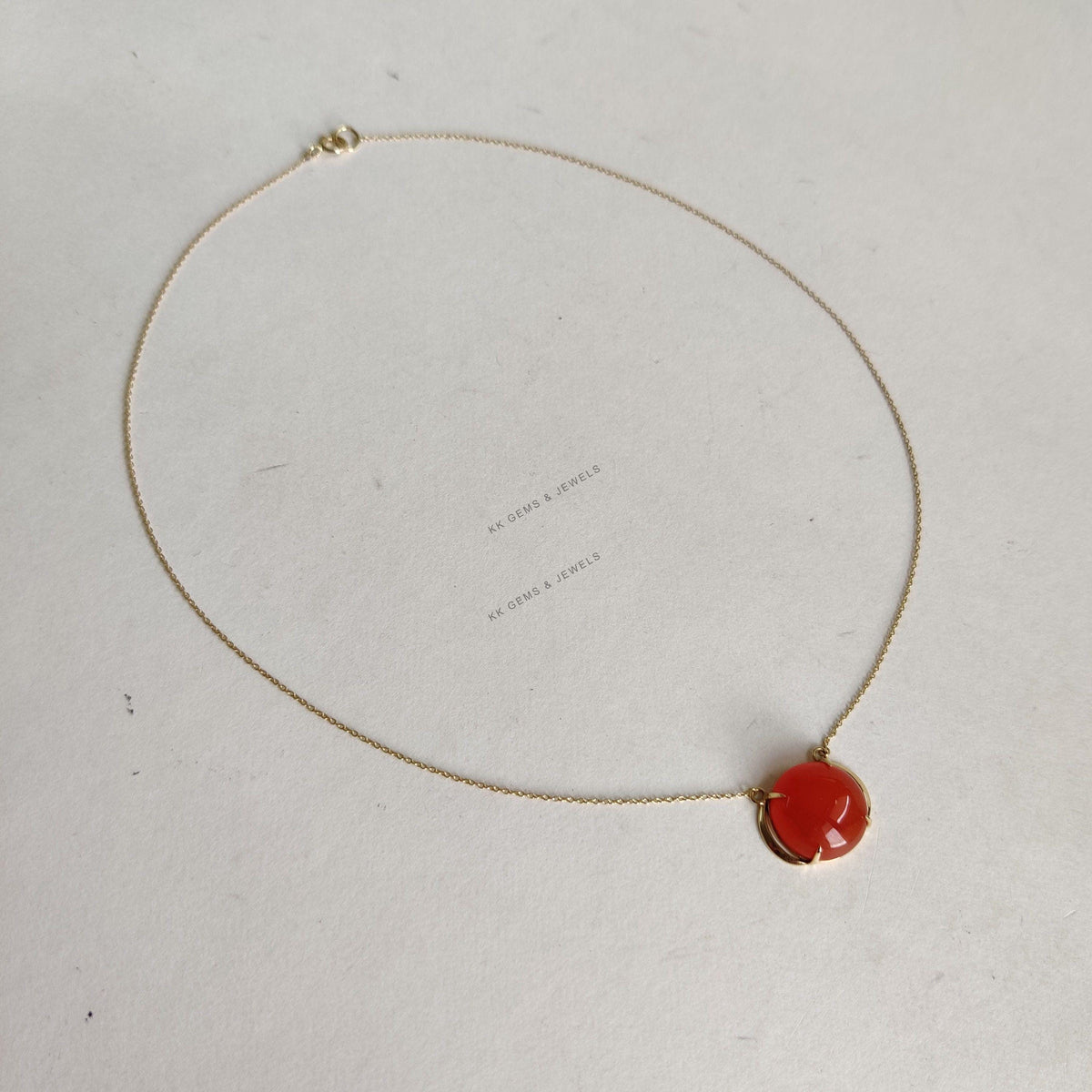 Natural Red Onyx 14K Solid Yellow Gold Pendant, Round Cabochon Necklace