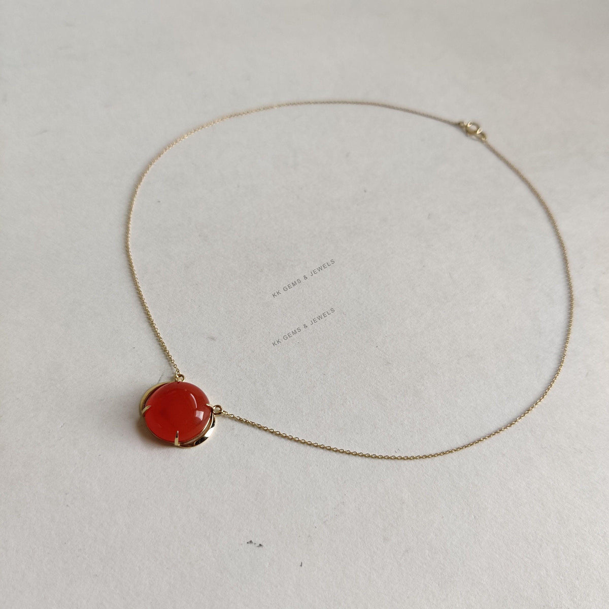 Natural Red Onyx 14K Solid Yellow Gold Pendant, Round Cabochon Necklace