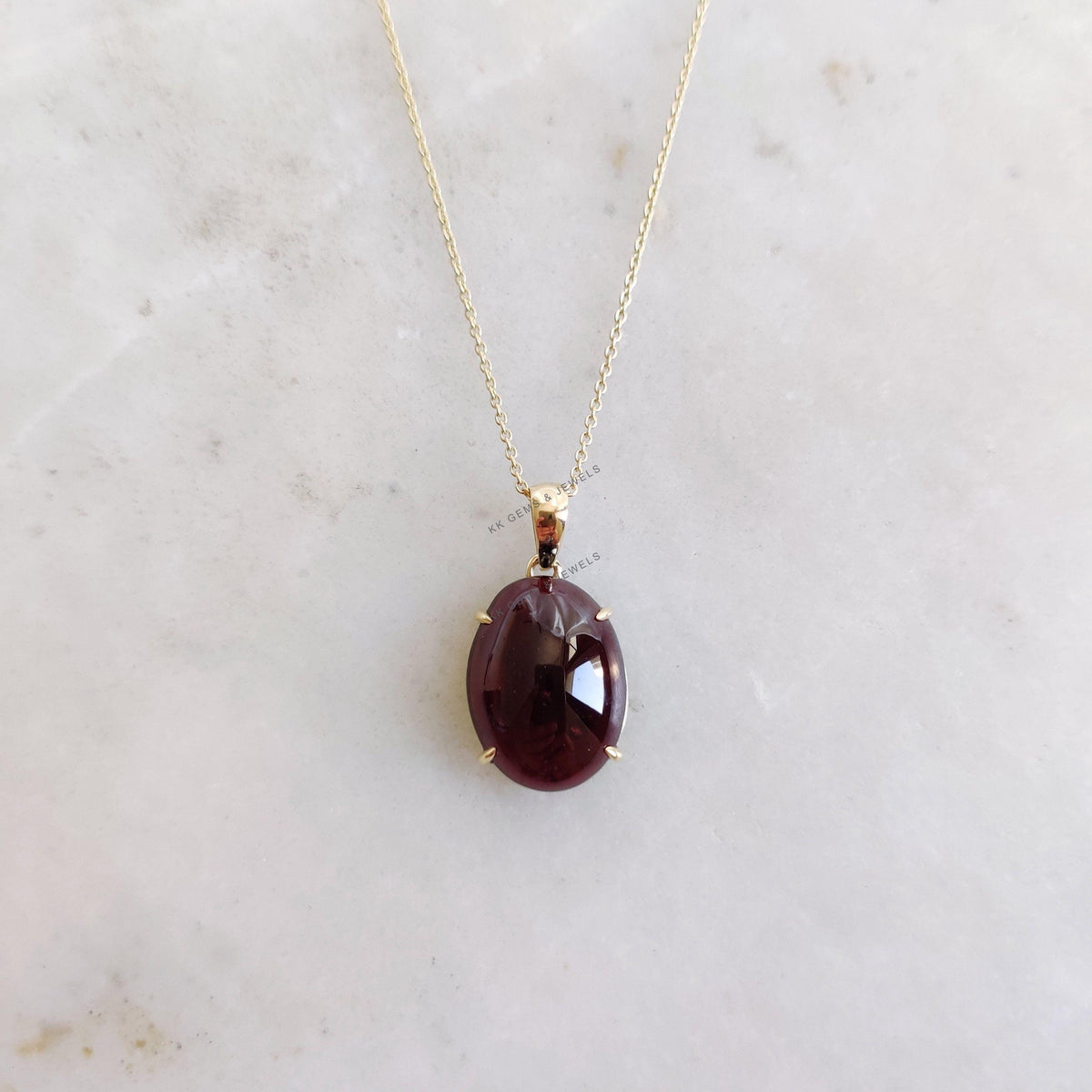 14K Solid Yellow Gold Oval Natural Garnet Pendant, January Birthstone
