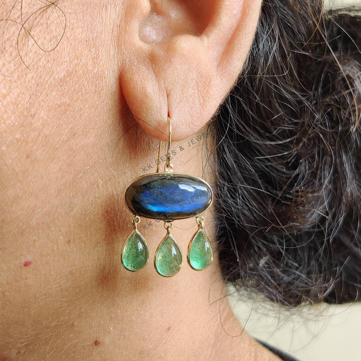 Natural Labradorite & Green Aventurine 14K Solid Gold Drop Earrings, Christmas Present