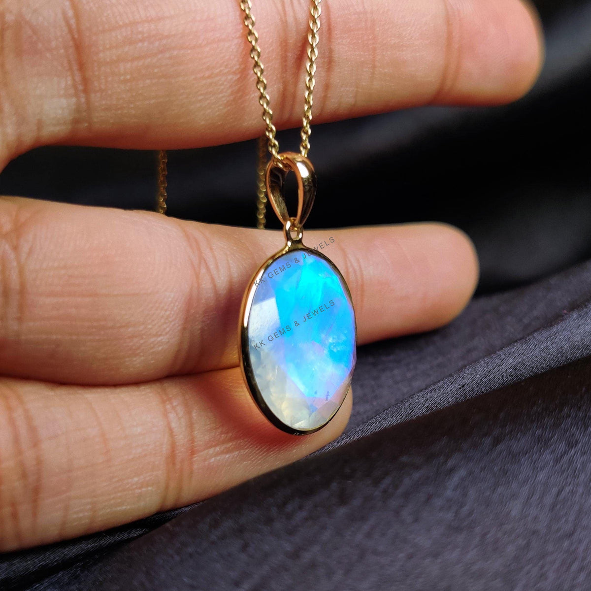 14K Solid Gold Natural Rainbow Moonstone Pendant, June Birthstone