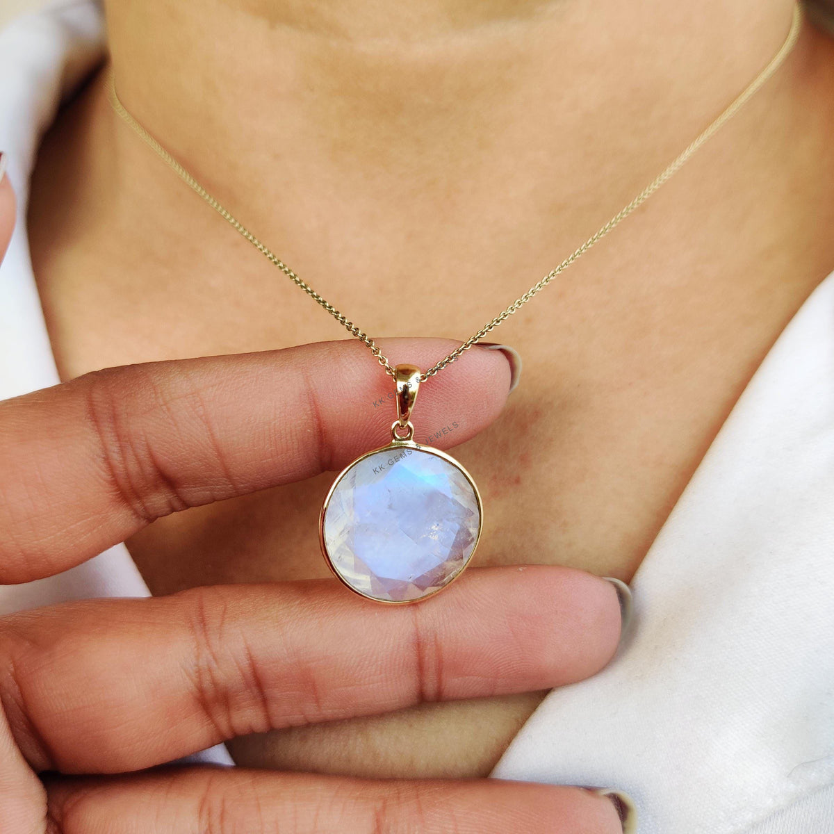 14K Solid Gold Natural Rainbow Moonstone Pendant, June Birthstone