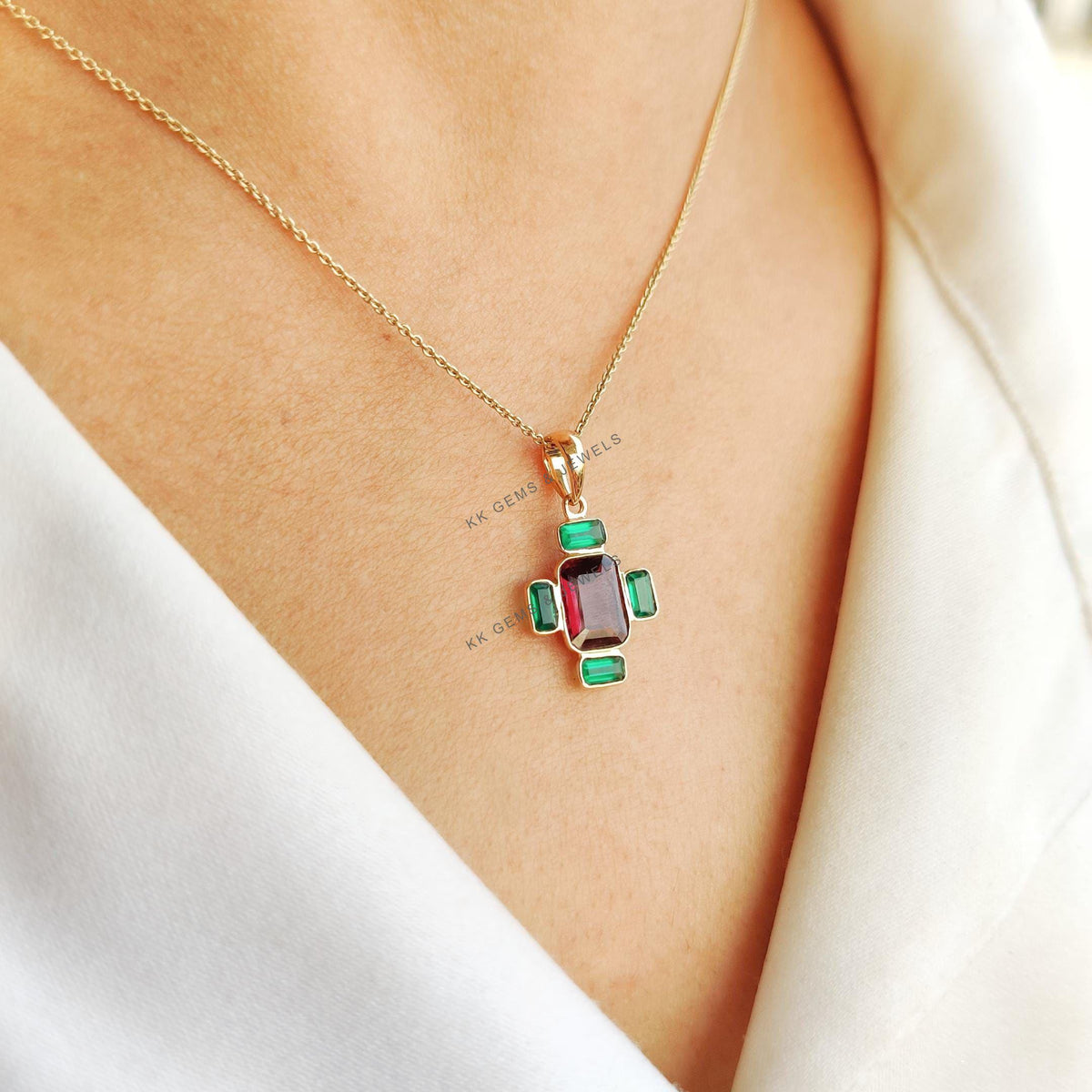 14K Solid Yellow Gold Natural Rhodolite Garnet & Green Onyx Pendant, Multi Stone Pendant