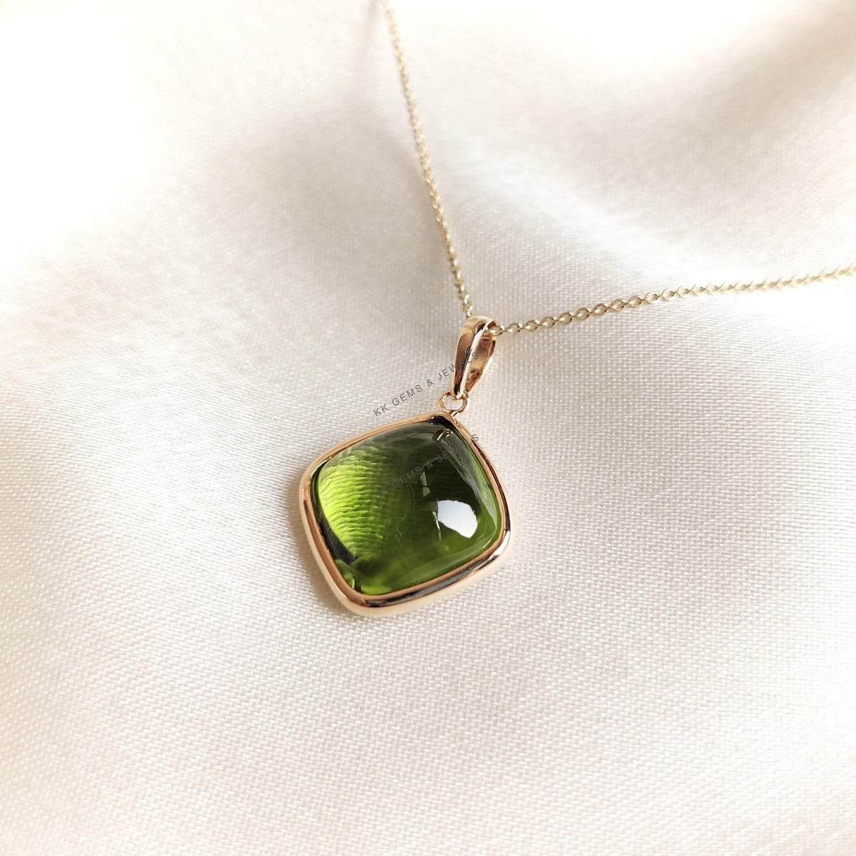 14K Solid Yellow Gold Natural Peridot Pendant: Cushion Cut August Birthstone