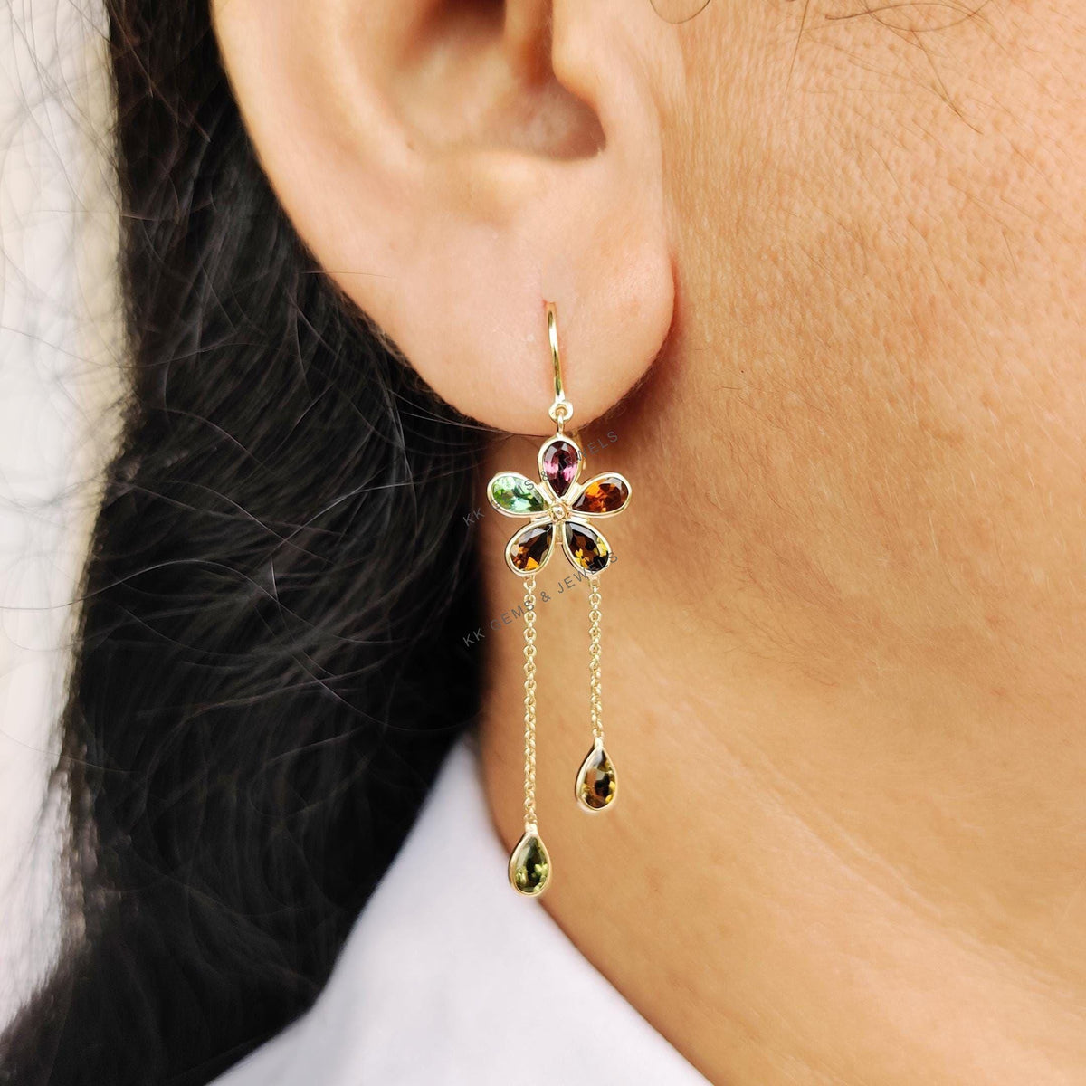 14K Solid Yellow Gold Natural Multi Tourmaline Dangler Earrings, October Birthstone