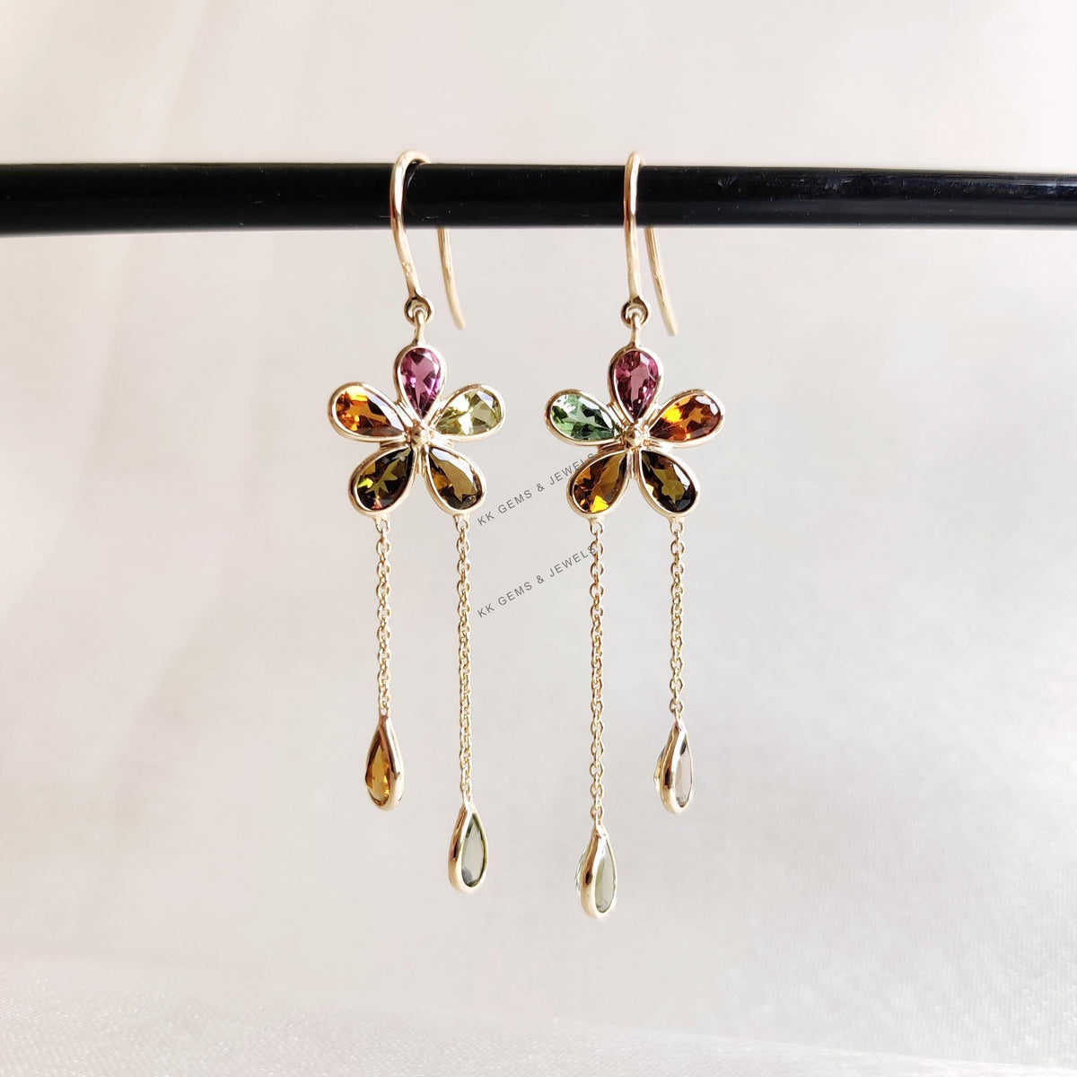 14K Solid Yellow Gold Natural Multi Tourmaline Dangler Earrings, October Birthstone