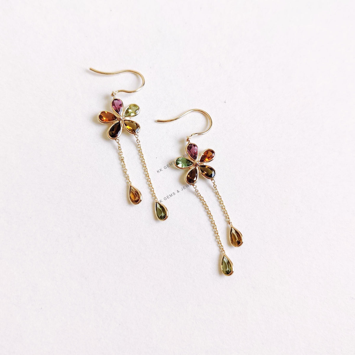 14K Solid Yellow Gold Natural Multi Tourmaline Dangler Earrings, October Birthstone