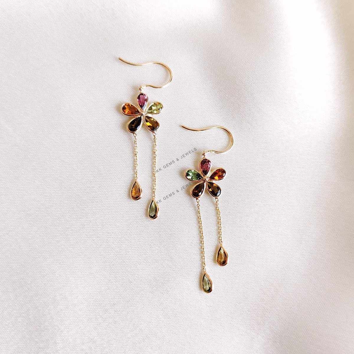 14K Solid Yellow Gold Natural Multi Tourmaline Dangler Earrings, October Birthstone