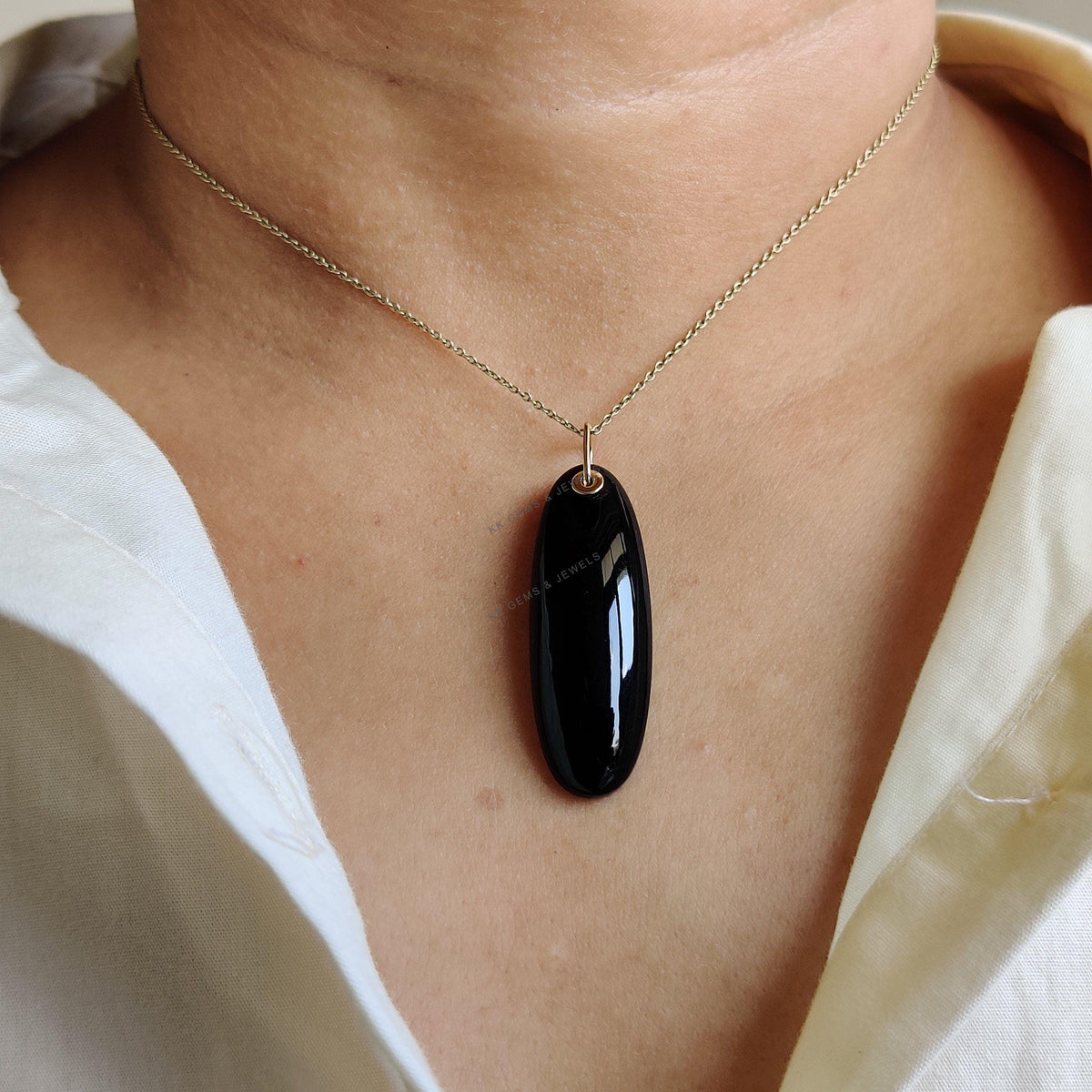 14K Solid Yellow Gold Natural Black Onyx Pendant, Oblong Oval Cabochon