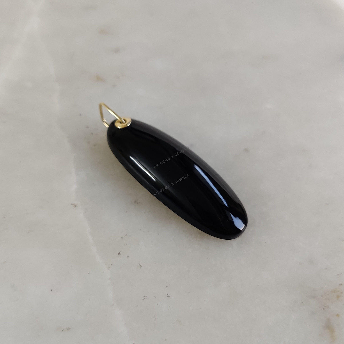 14K Solid Yellow Gold Natural Black Onyx Pendant, Oblong Oval Cabochon