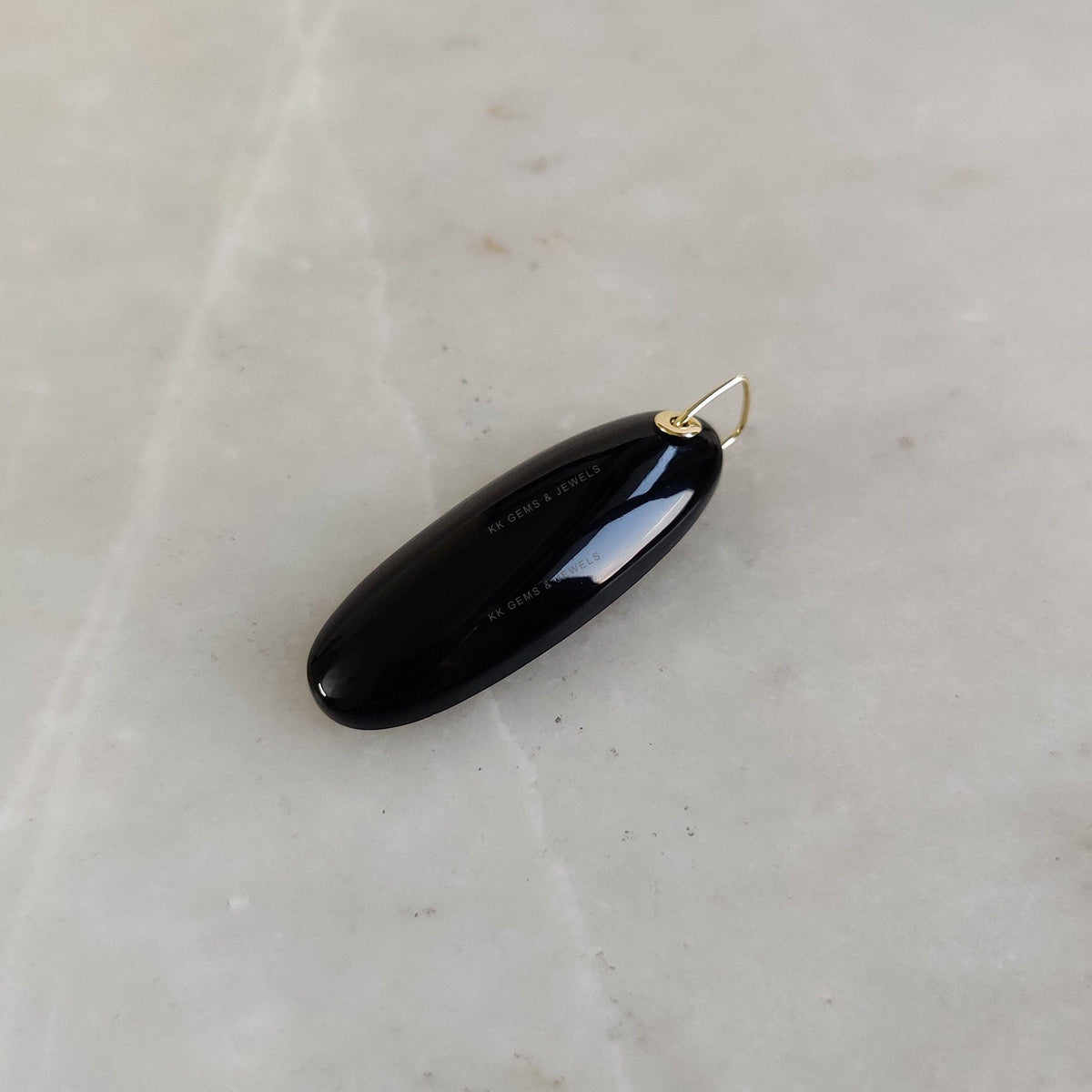 14K Solid Yellow Gold Natural Black Onyx Pendant, Oblong Oval Cabochon
