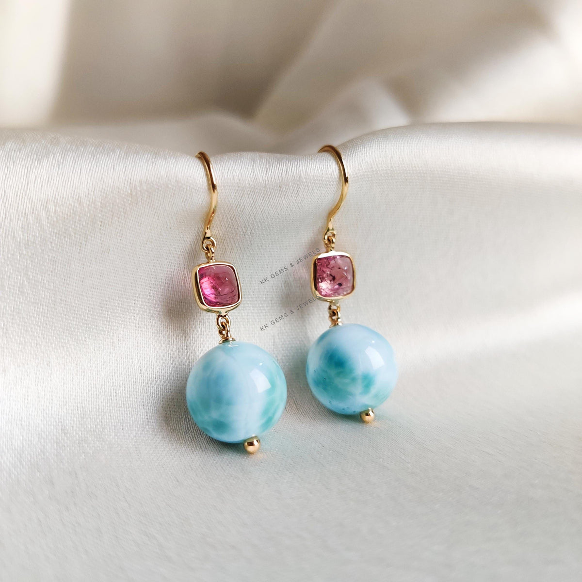 Natural Larimar Ball & Pink Tourmaline Earrings, 18K Solid Yellow Gold Drop Earrings