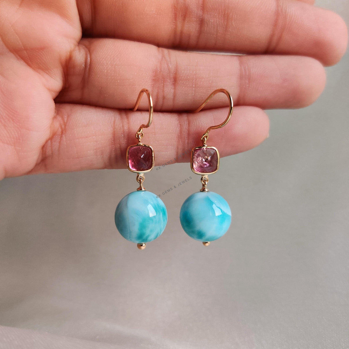 Natural Larimar Ball & Pink Tourmaline Earrings, 18K Solid Yellow Gold Drop Earrings