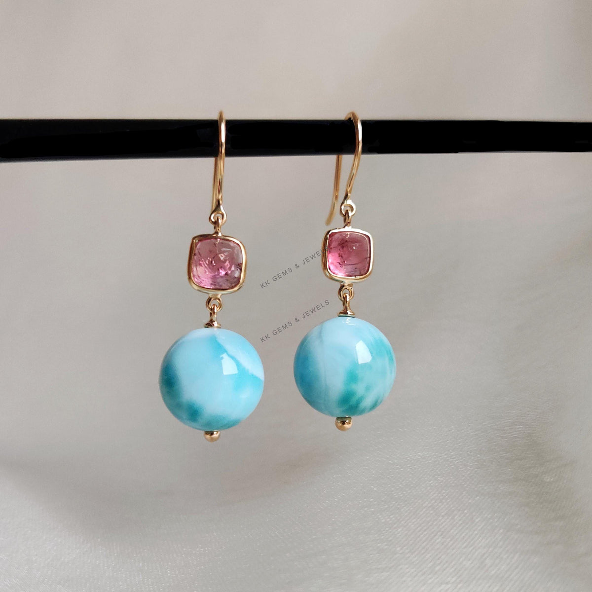 Natural Larimar Ball & Pink Tourmaline Earrings, 18K Solid Yellow Gold Drop Earrings