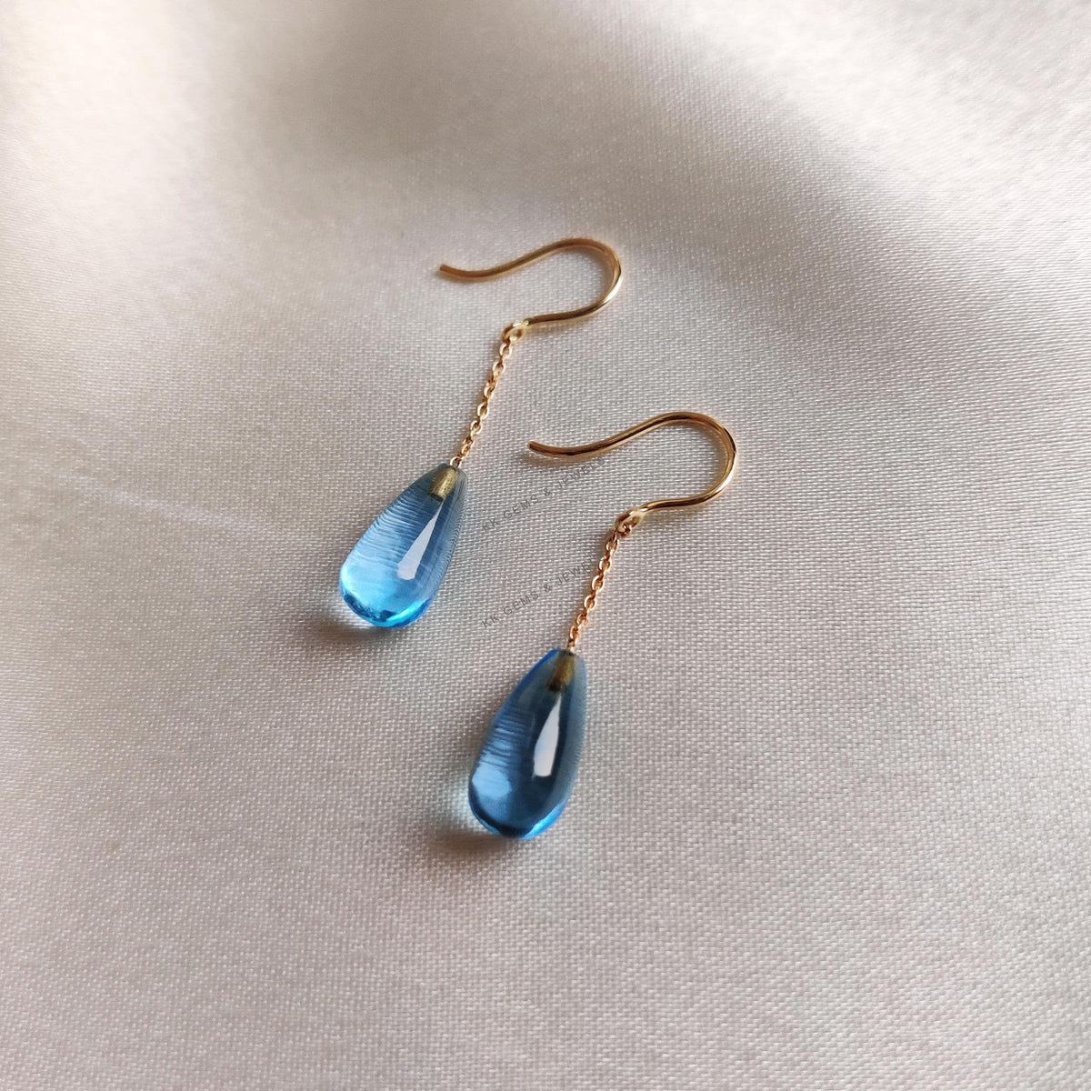 14K Solid Yellow Gold Natural Swiss Blue Topaz Drop Earrings, December Birthstone