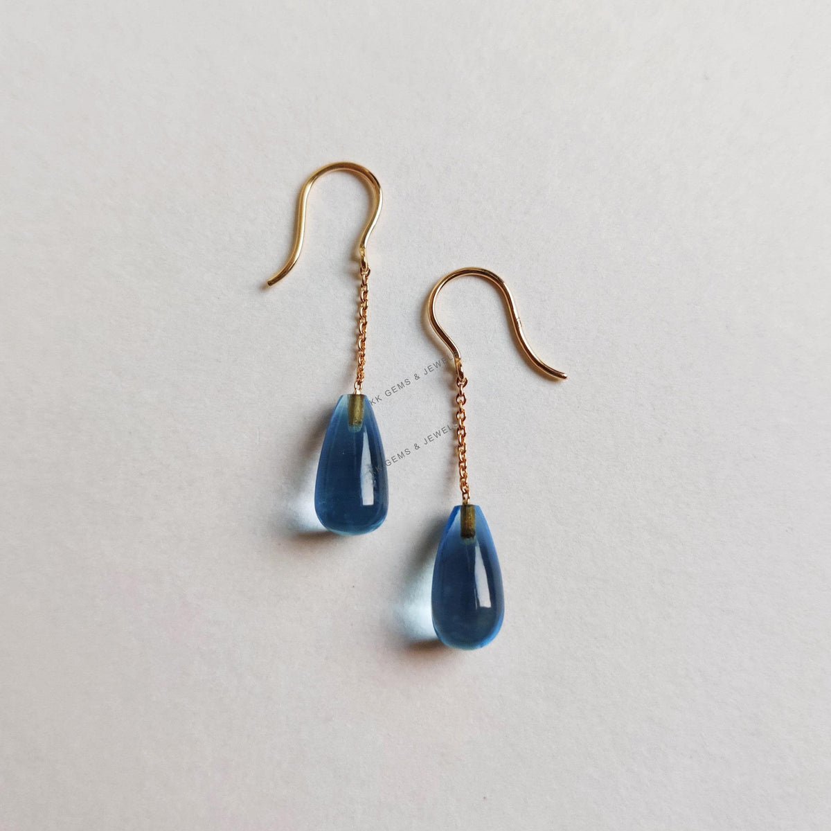 14K Solid Yellow Gold Natural Swiss Blue Topaz Drop Earrings, December Birthstone