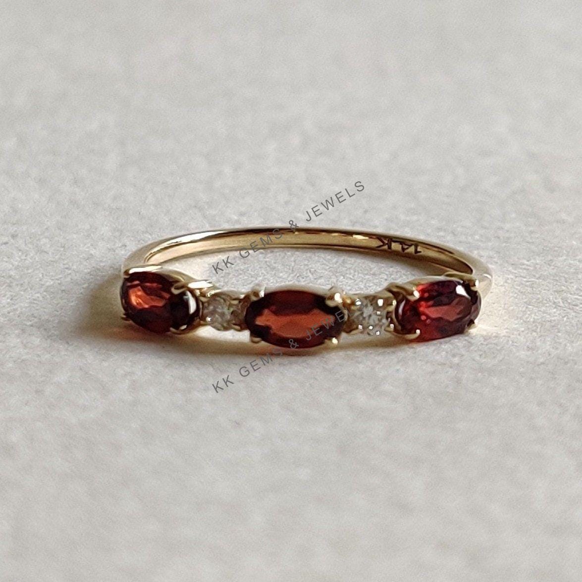 14K Solid Yellow Gold Natural Garnet & Diamond Stackable Ring, January Birthstone