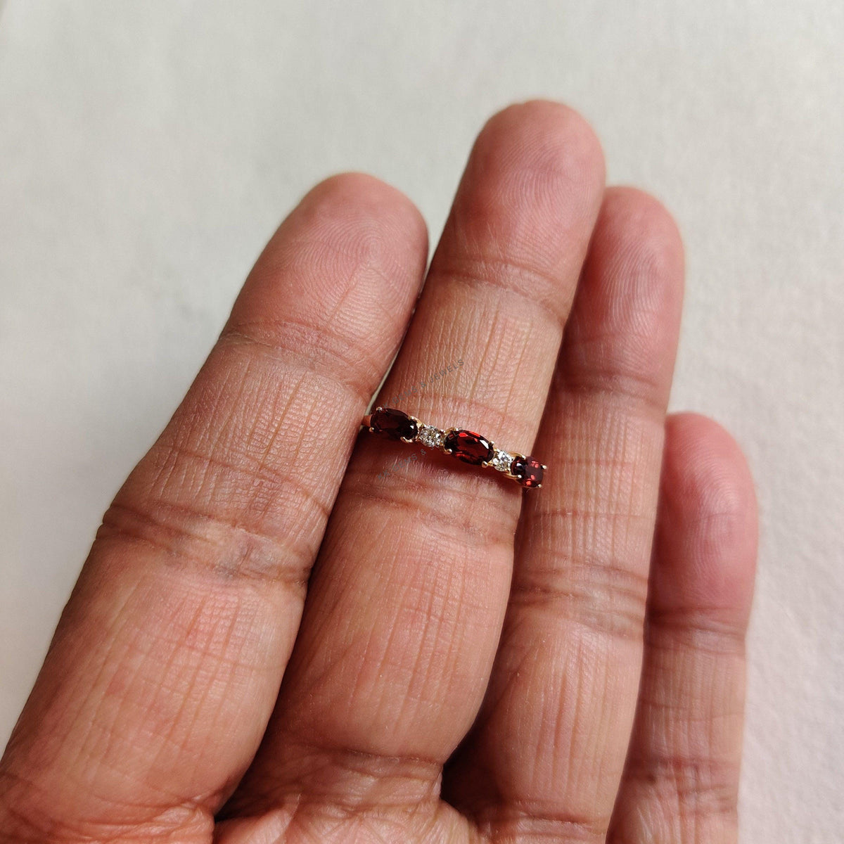 14K Solid Yellow Gold Natural Garnet & Diamond Stackable Ring, January Birthstone