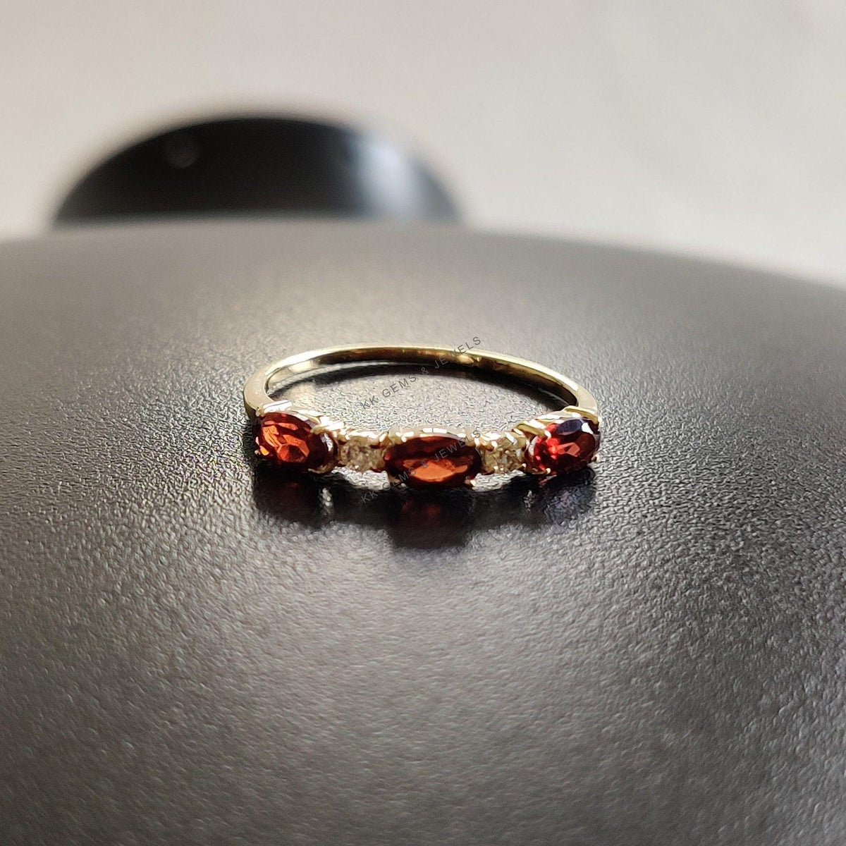 14K Solid Yellow Gold Natural Garnet & Diamond Stackable Ring, January Birthstone