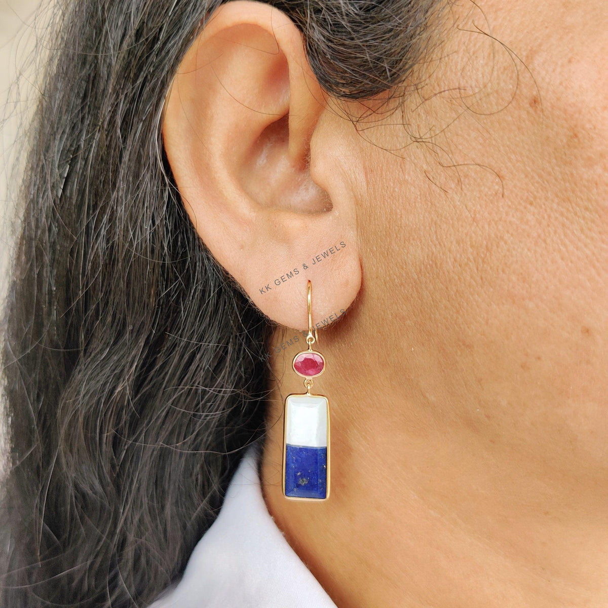 14K Solid Gold Natural Lapis & Mother of Pearl Duo Earrings, Ruby Emerald Danglers