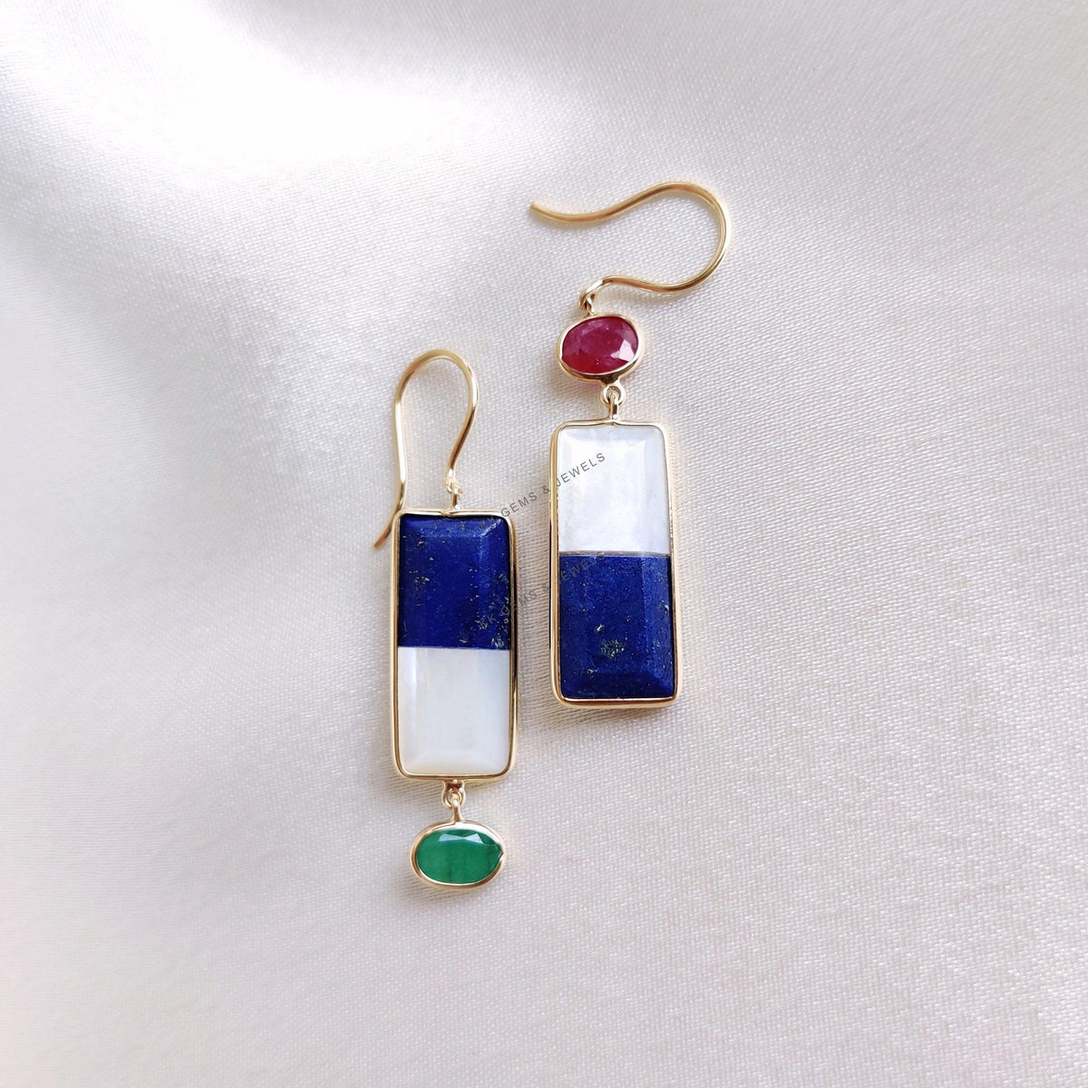 14K Solid Gold Natural Lapis & Mother of Pearl Duo Earrings, Ruby Emerald Danglers