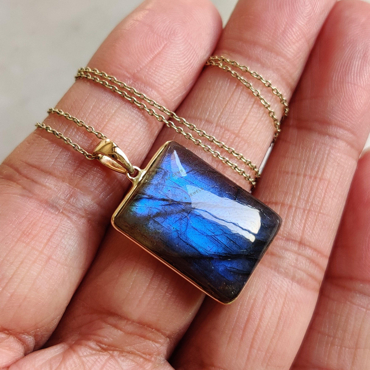 14K Solid Gold Natural Labradorite Pendant, Rectangle Cabochon, November Birthstone