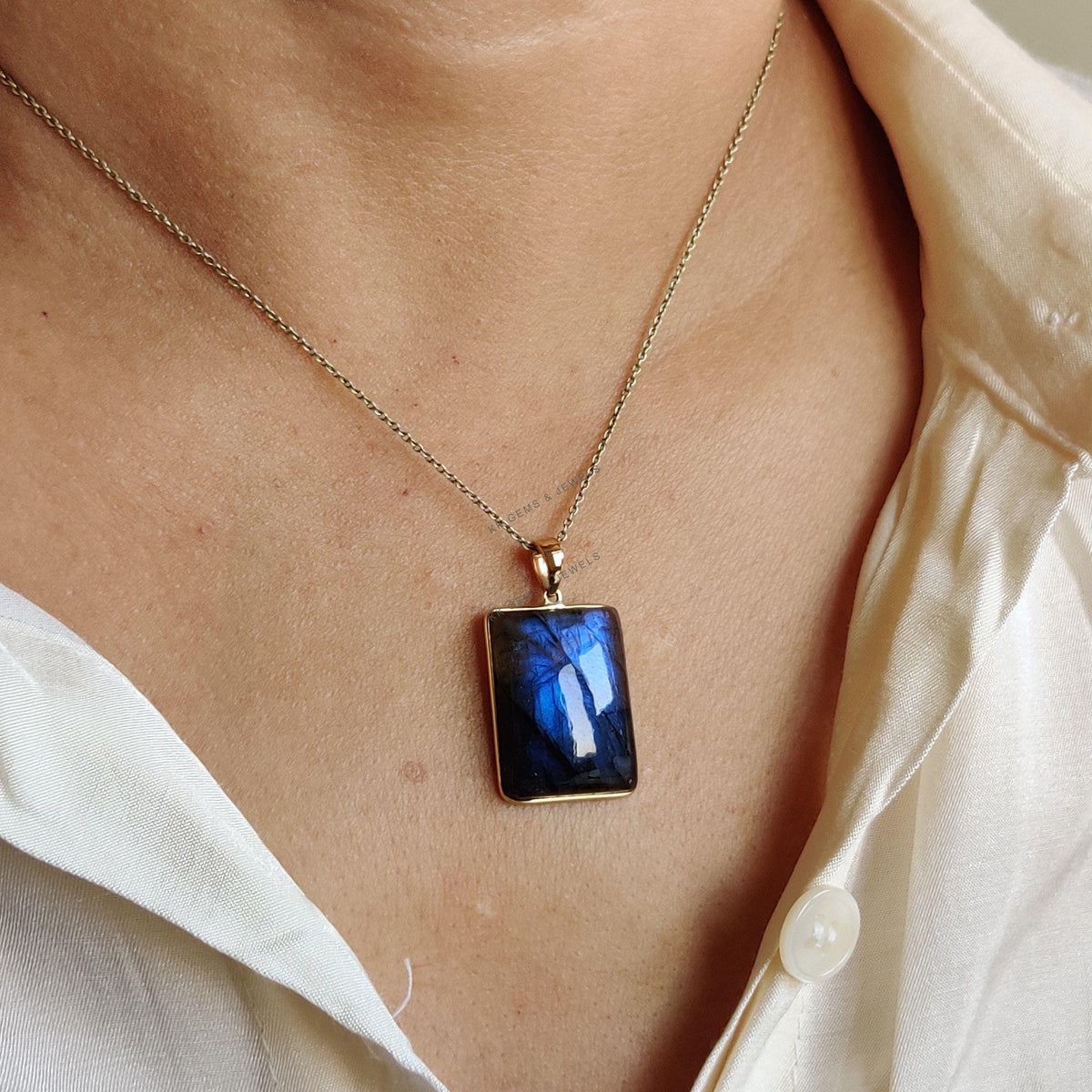 14K Solid Gold Natural Labradorite Pendant, Rectangle Cabochon, November Birthstone