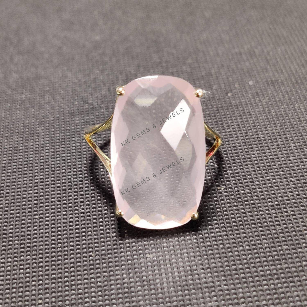 Natural Rose Quartz 14K Solid Gold Ring, Rectangle Cushion Cut, January Birthstone