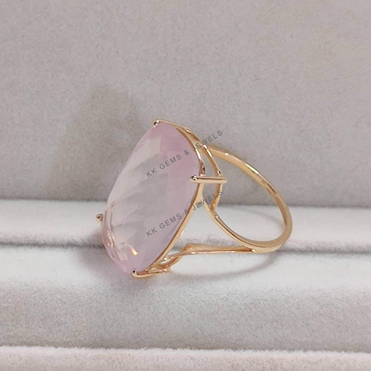 Natural Rose Quartz 14K Solid Gold Ring, Rectangle Cushion Cut, January Birthstone