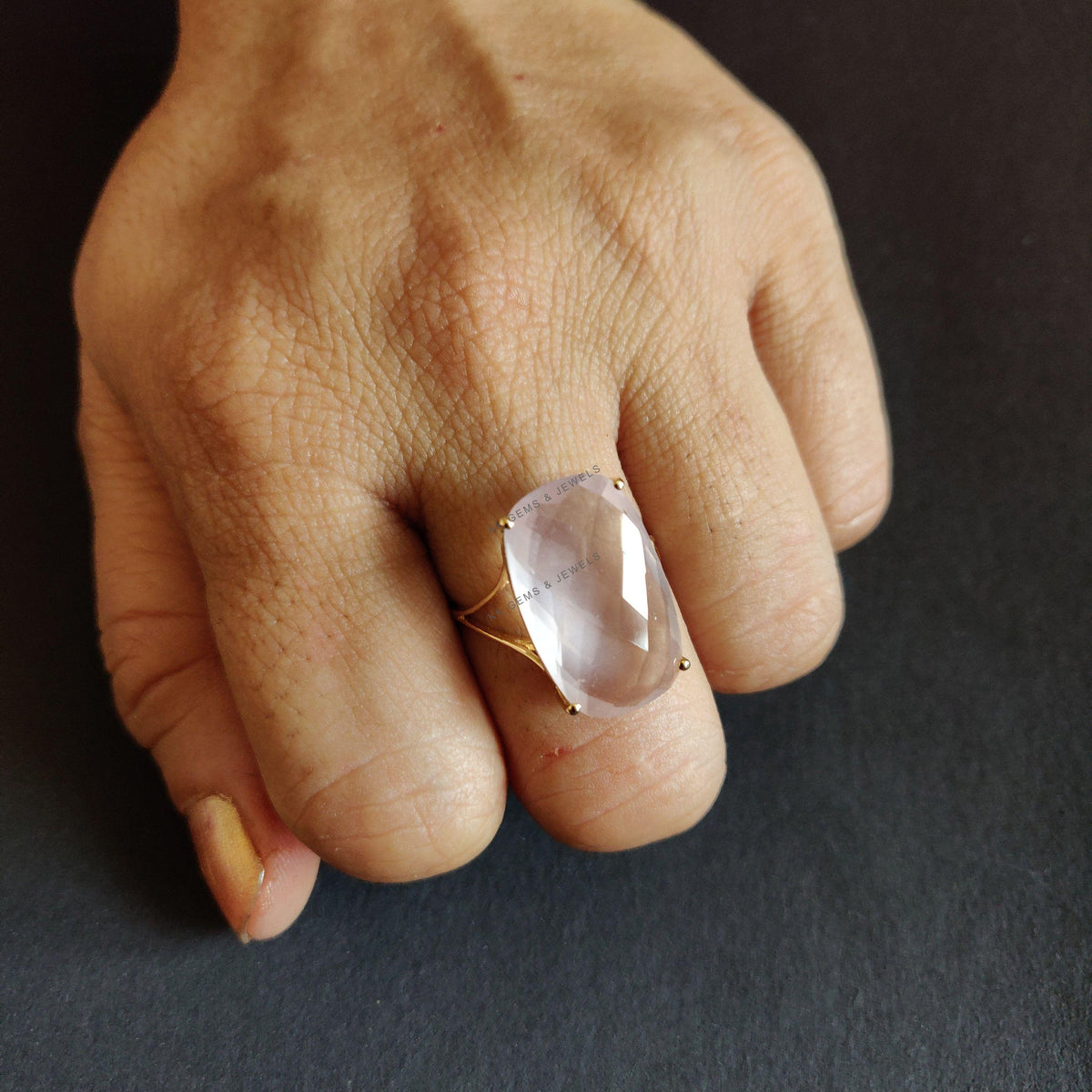 Natural Rose Quartz 14K Solid Gold Ring, Rectangle Cushion Cut, January Birthstone