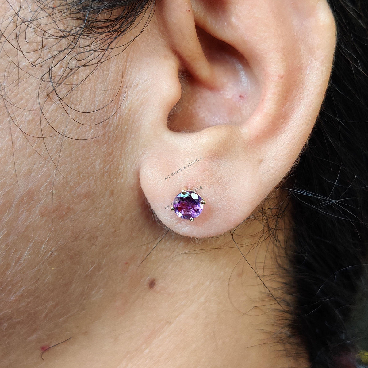 14K Solid Yellow Gold Natural Purple Amethyst Stud Earrings, February Birthstone