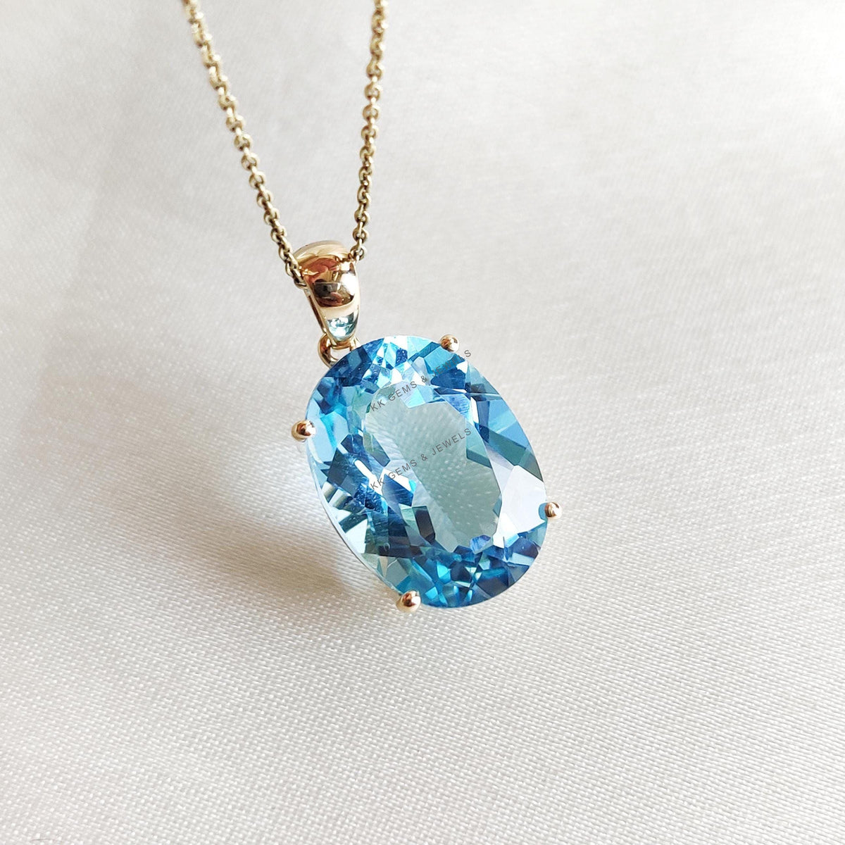 14K Solid Yellow Gold Natural Sky Blue Topaz Pendant, Oval Cut, December Birthstone