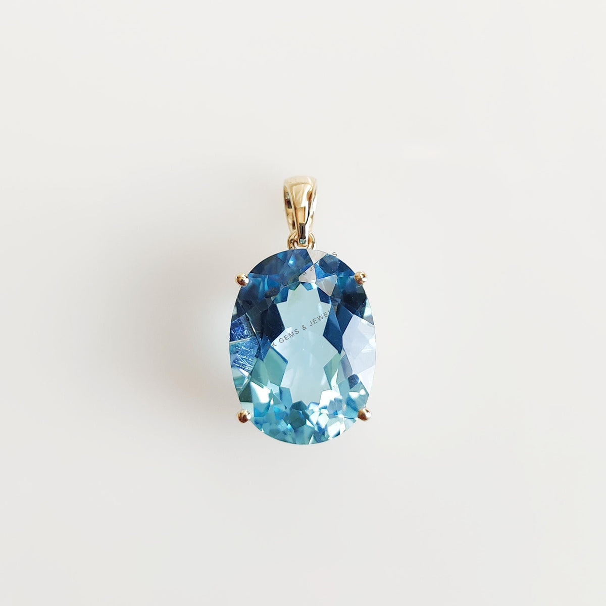 14K Solid Yellow Gold Natural Sky Blue Topaz Pendant, Oval Cut, December Birthstone