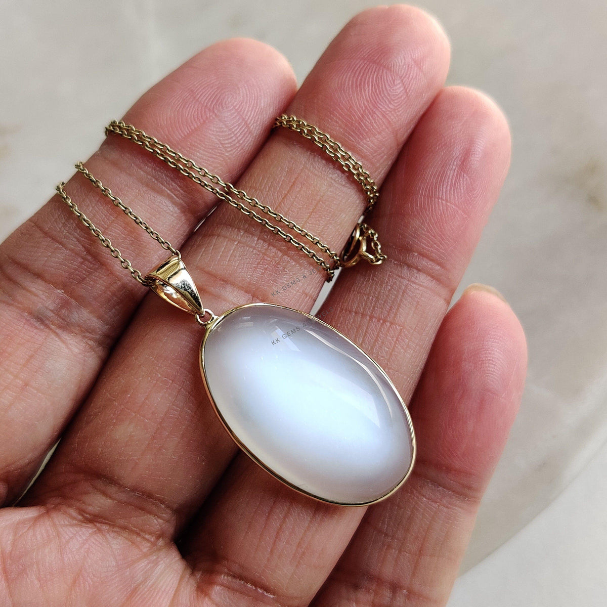 14K Solid Gold Natural White Moonstone Pendant, Oval Cabochon, June Birthstone