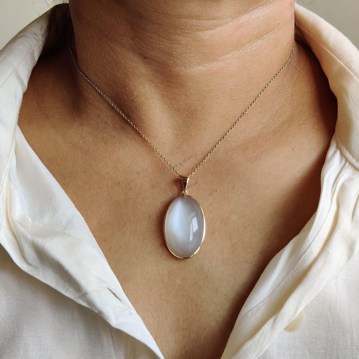 14K Solid Gold Natural White Moonstone Pendant, Oval Cabochon, June Birthstone