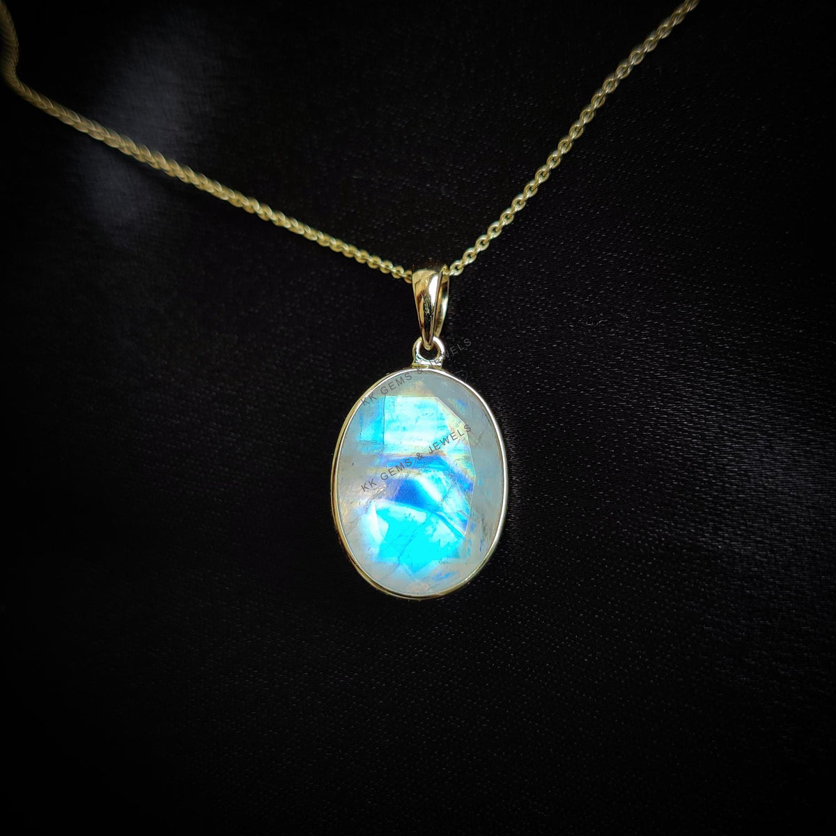 Natural Rainbow Moonstone Pendant, 14K Solid Gold Bezel Set, June Birthstone