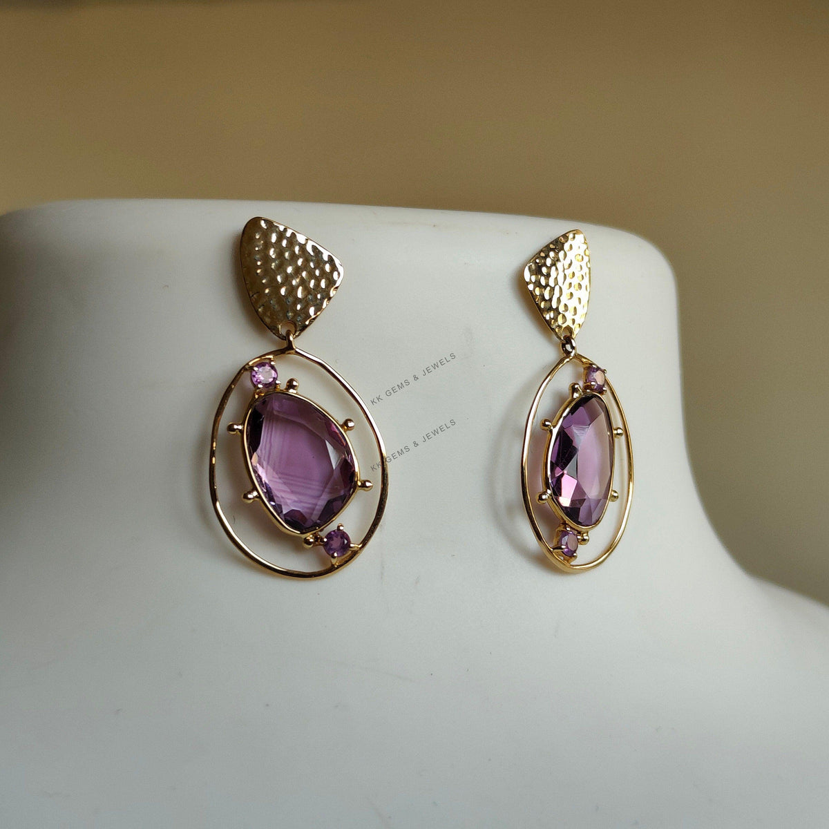 14K Solid Yellow Gold Natural Purple Amethyst Earrings, Pear Cut February Birthstone