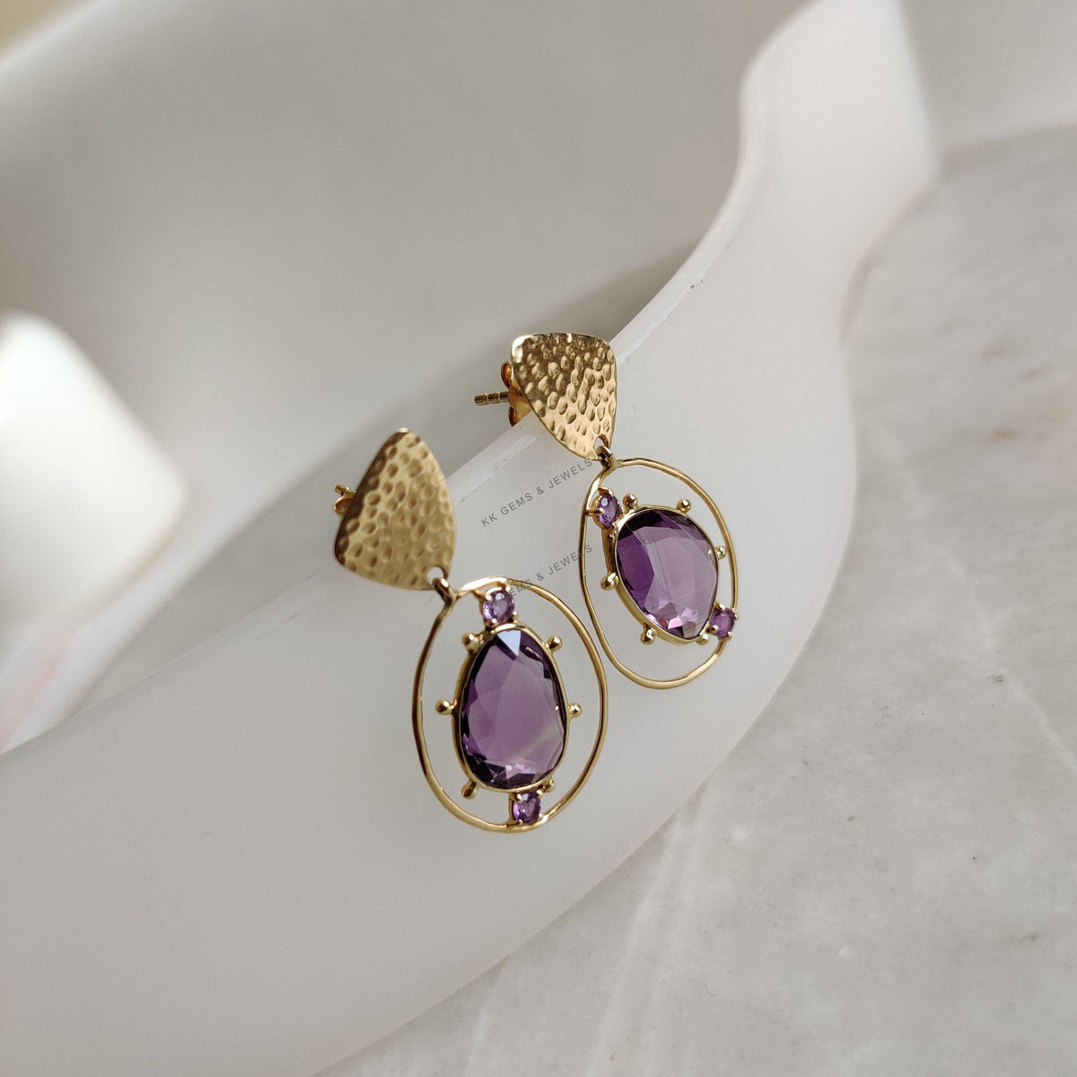 14K Solid Yellow Gold Natural Purple Amethyst Earrings, Pear Cut February Birthstone