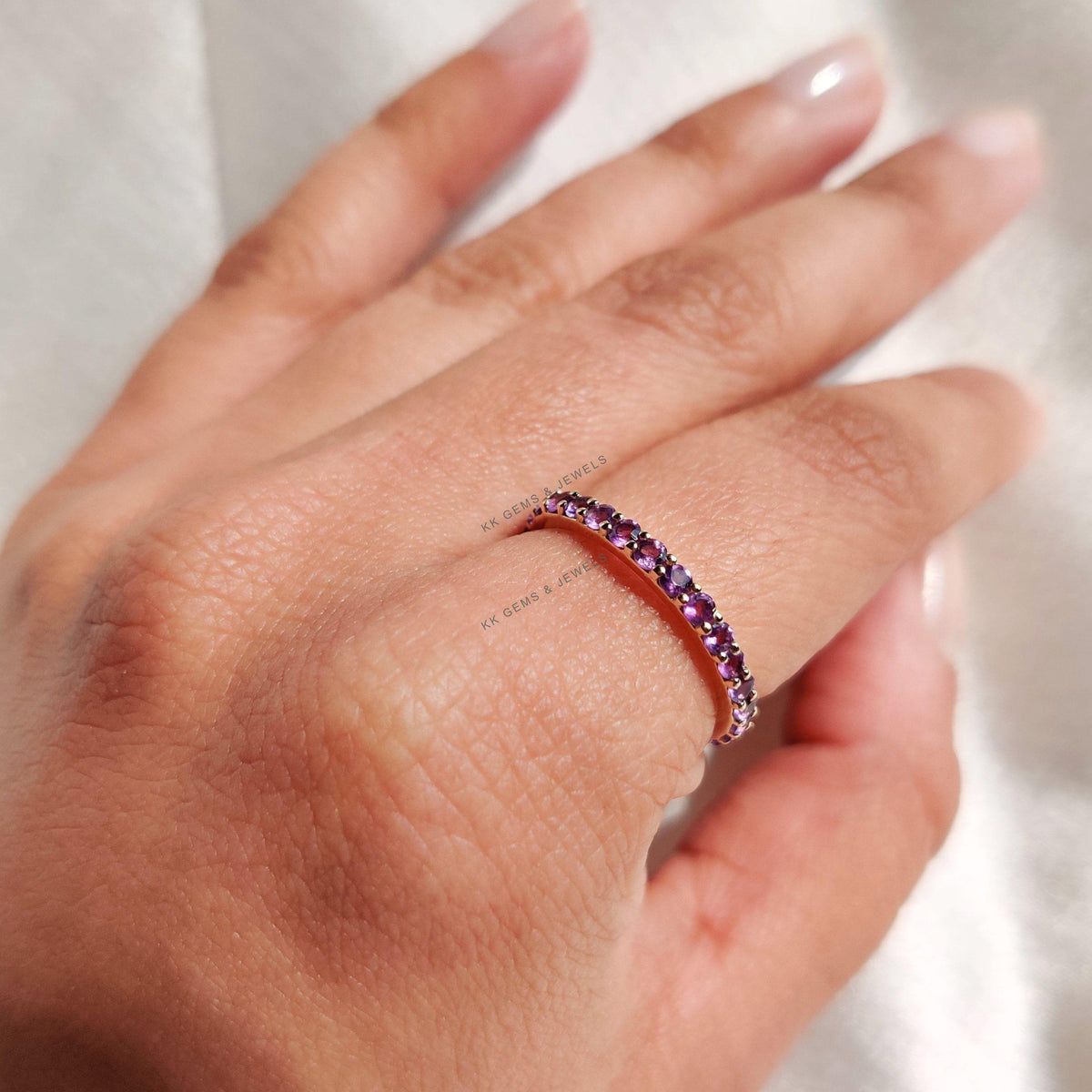 14K Solid Yellow Gold Natural Purple Amethyst Eternity Band, February Birthstone, Christmas Present