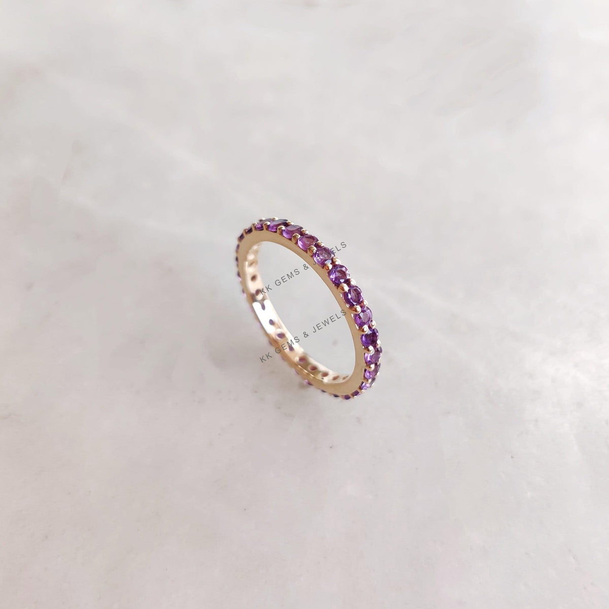 14K Solid Yellow Gold Natural Purple Amethyst Eternity Band, February Birthstone, Christmas Present