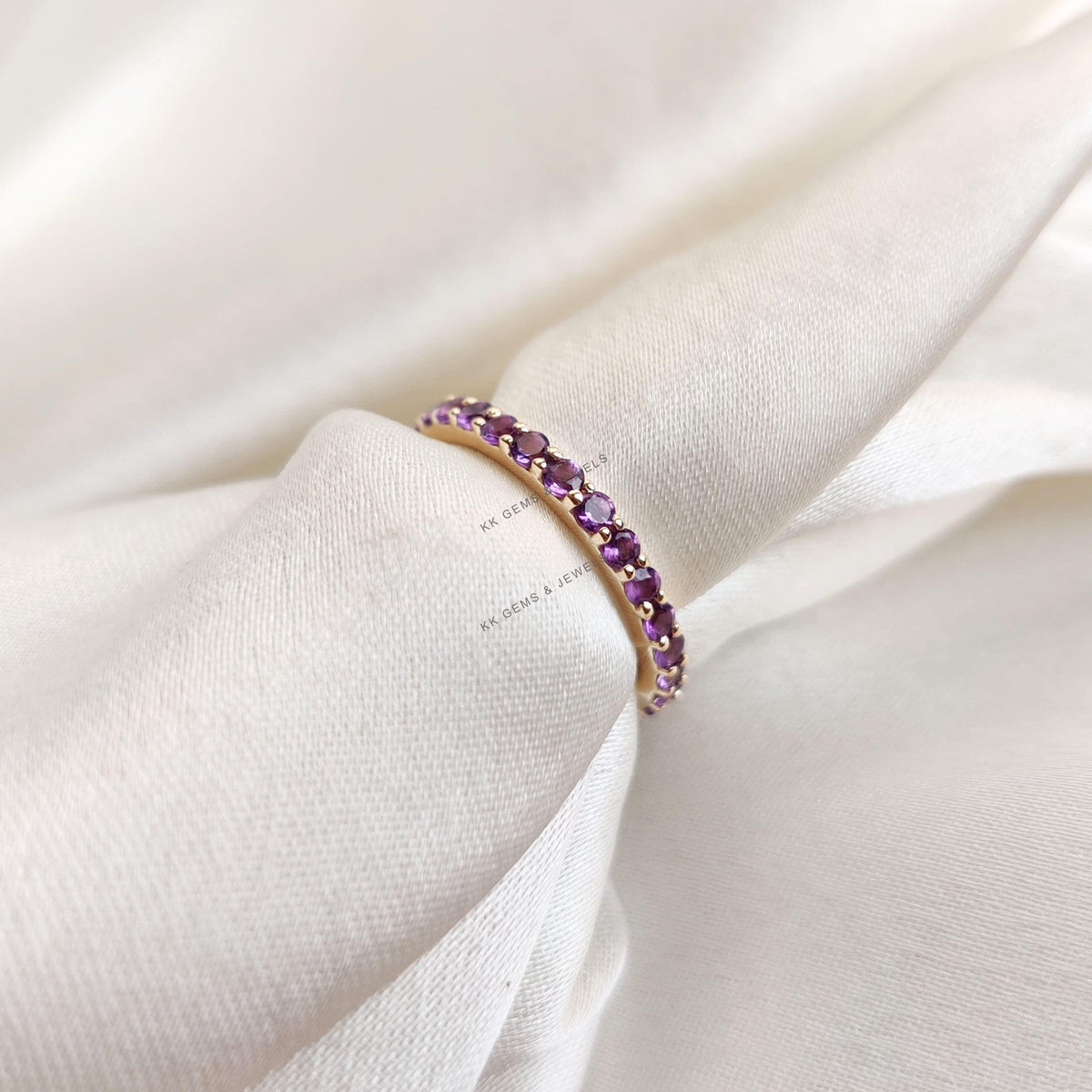14K Solid Yellow Gold Natural Purple Amethyst Eternity Band, February Birthstone, Christmas Present