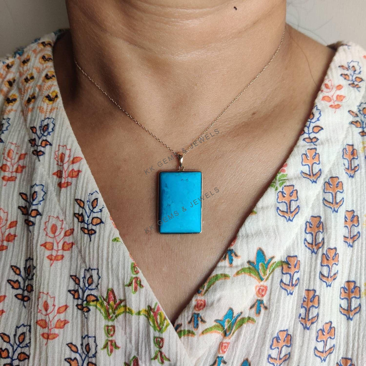 Natural Arizona Turquoise Pendant, 14K Solid Yellow Gold Sleeping Beauty, December Birthstone