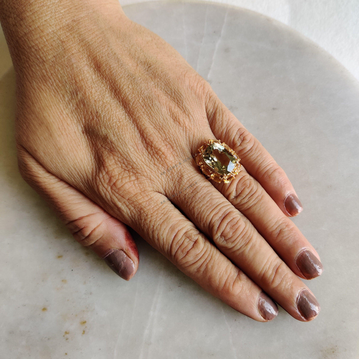 Natural Green Amethyst & Citrine Cocktail Ring, 14K Solid Yellow Gold Wedding Ring