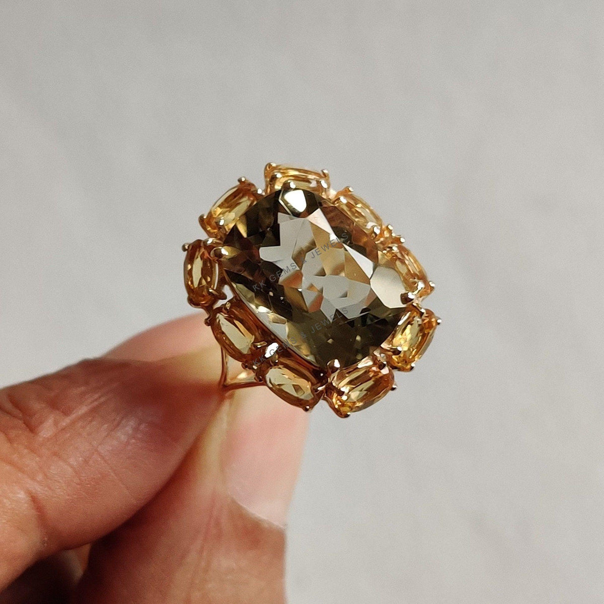 Natural Green Amethyst & Citrine Cocktail Ring, 14K Solid Yellow Gold Wedding Ring
