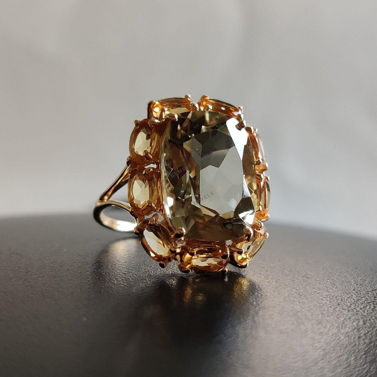 Natural Green Amethyst & Citrine Cocktail Ring, 14K Solid Yellow Gold Wedding Ring