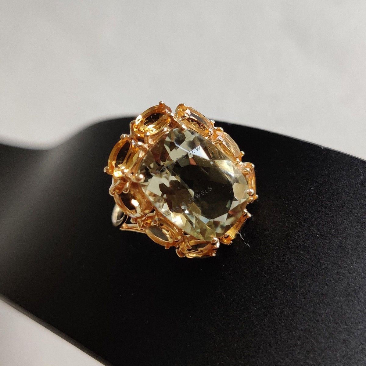 Natural Green Amethyst & Citrine Cocktail Ring, 14K Solid Yellow Gold Wedding Ring