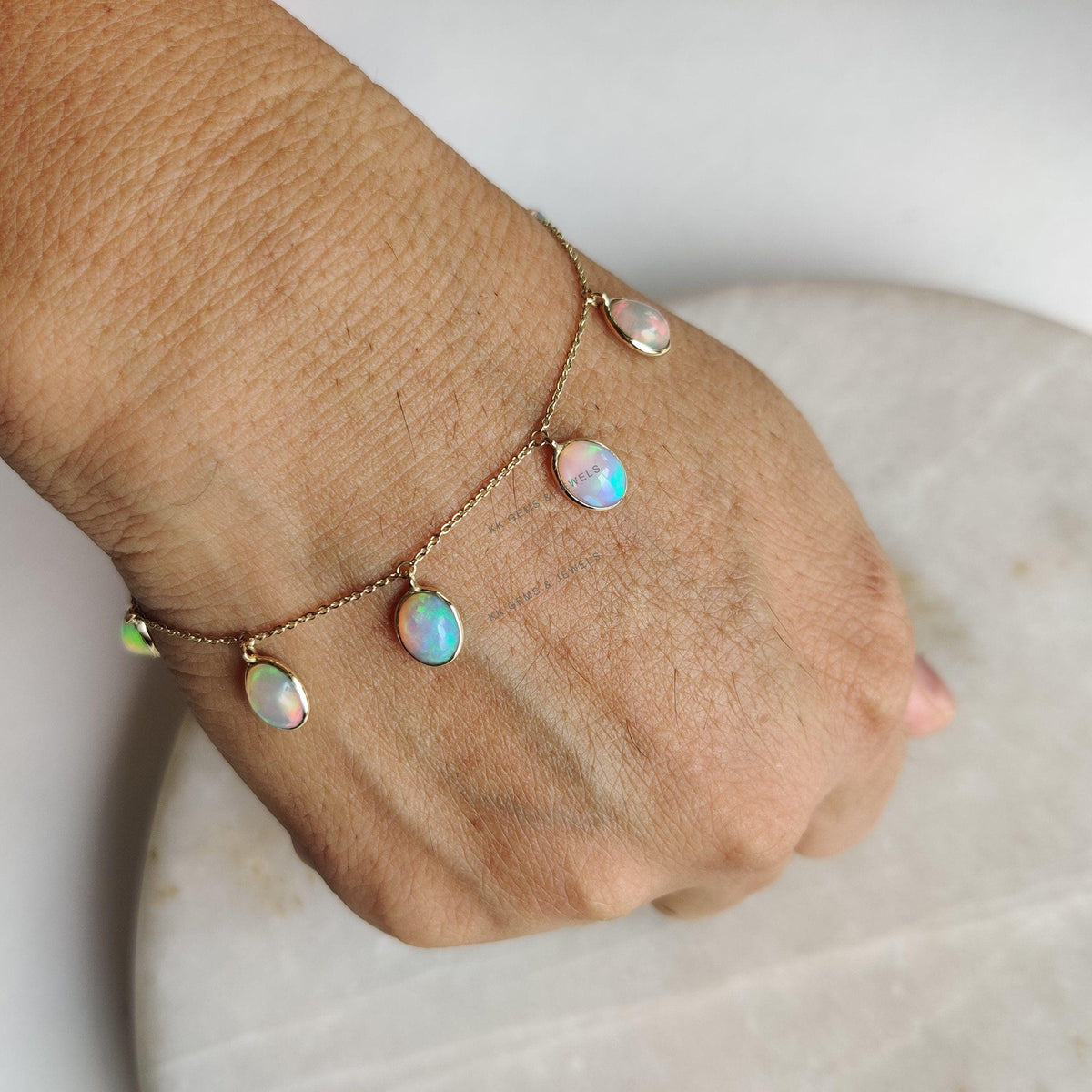 Natural Ethiopion Opal 14K Solid Yellow Gold Bracelet, October Birthstone