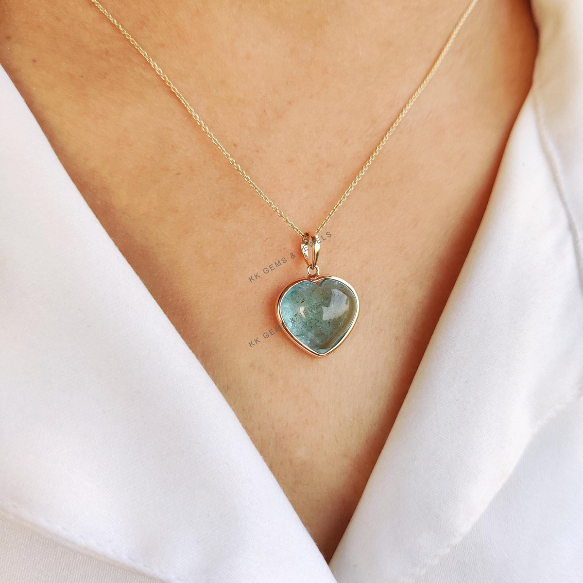 14K Solid Yellow Gold Natural Aquamarine Heart Pendant - March Birthstone