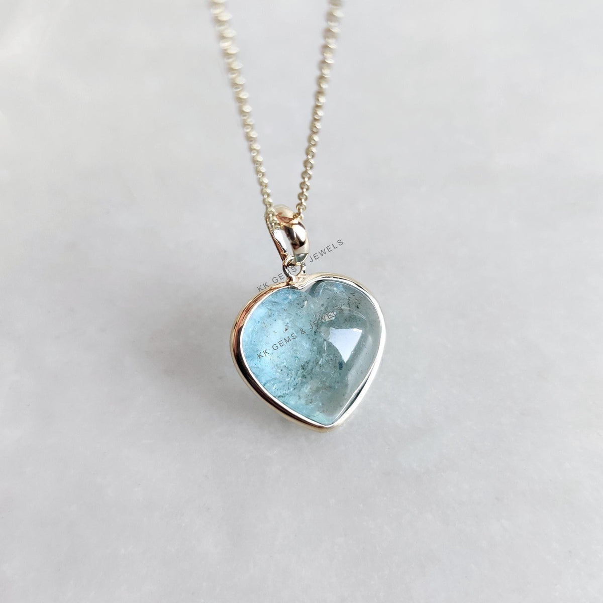 14K Solid Yellow Gold Natural Aquamarine Heart Pendant - March Birthstone